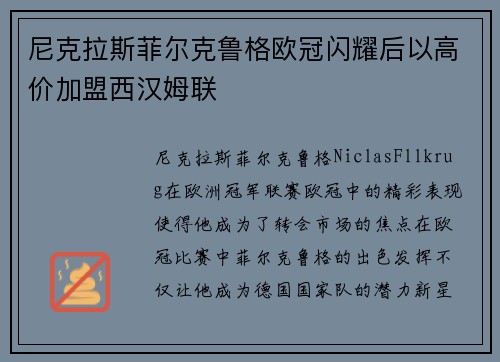 尼克拉斯菲尔克鲁格欧冠闪耀后以高价加盟西汉姆联